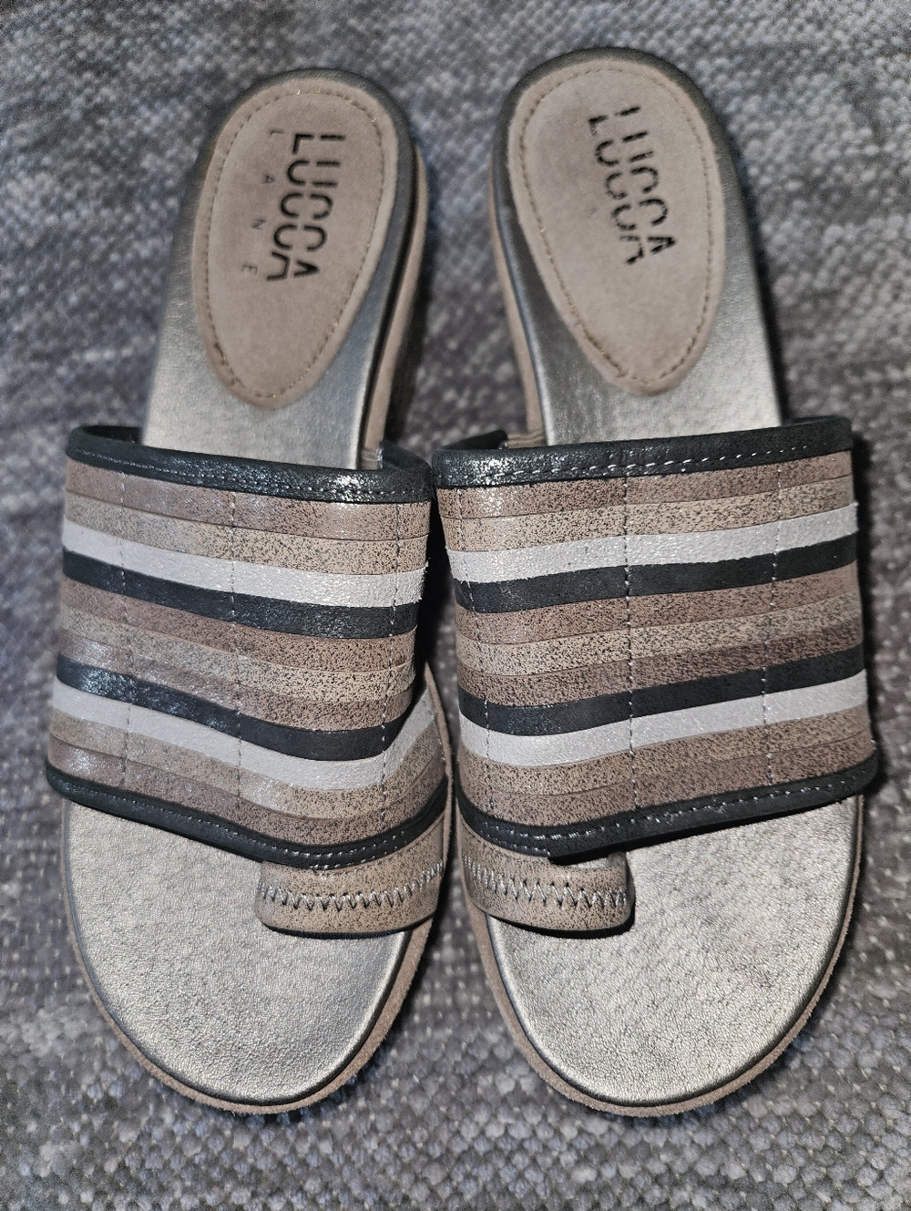 Lucca Lane Women's Striped Slide Sandals in Taupe and Black